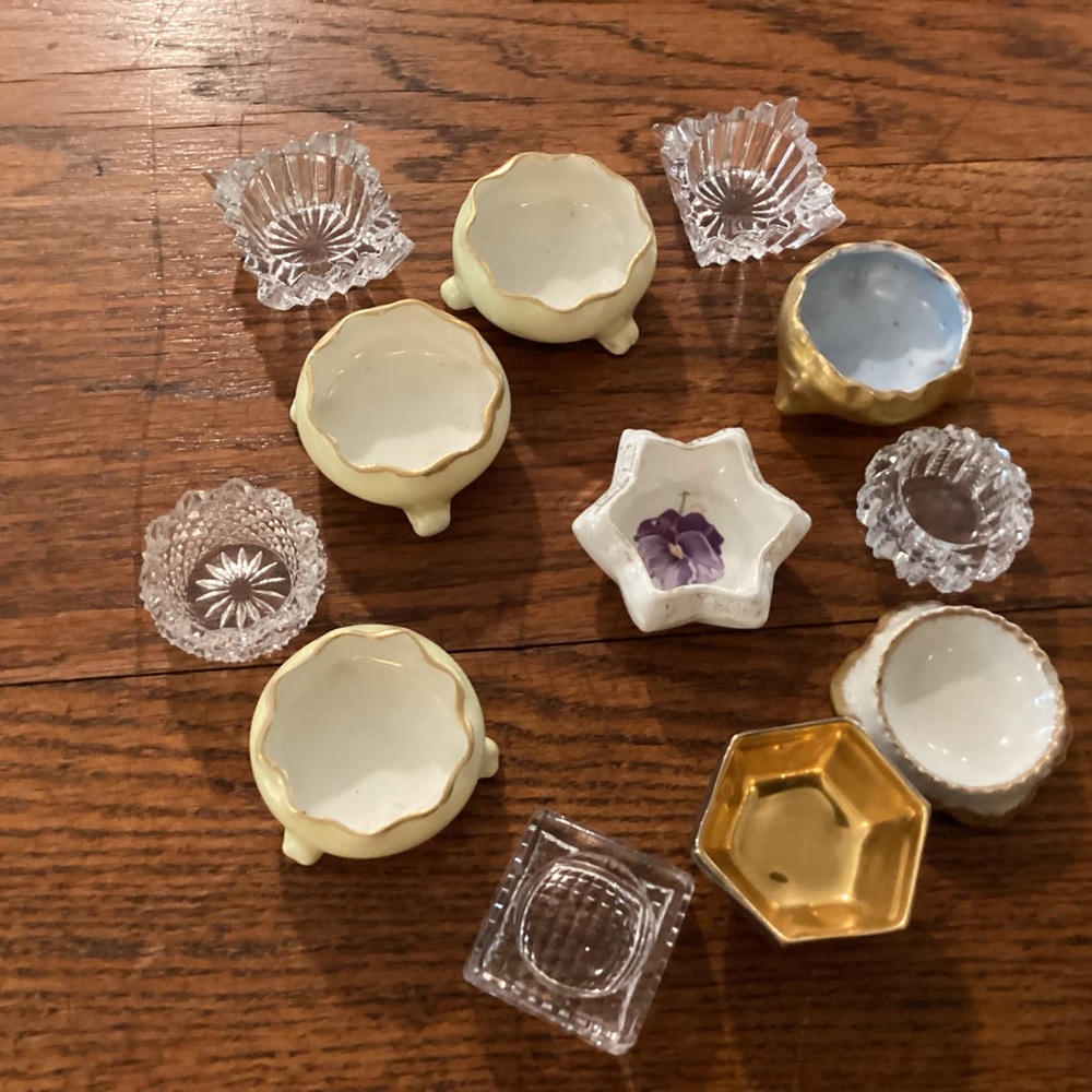 12 assorted vintage salt cellars, glass and porcelain